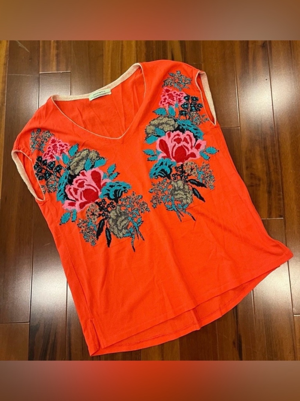 Aldomartins Knit Sweater Top Bright Orange Coral V-Neck Floral Cap‎ Sleeve Small